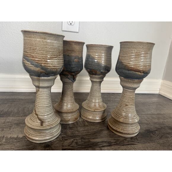Studio Art Pottery Large Wine Goblet/Chalice 9 3/4” Set of 4 Handmade Glasses - Picture 16 of 16